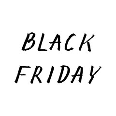 Black Friday hand written with brush. Grunge style lettering. Black gouache drawing isolated on white background. Seasonal sale banner.