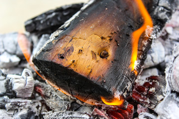 Close-up of Burning wood. Glowing embers smoldering in the fireplace.