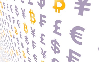 Bitcoin and currency on a white background. Digital Cryptocurrency symbol. Business concept. Market Display. 3D illustration