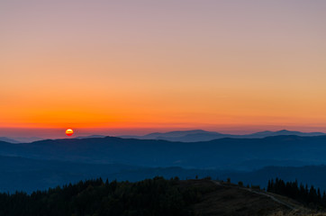 Sunset in the Carpathian Mountains in the autumn season