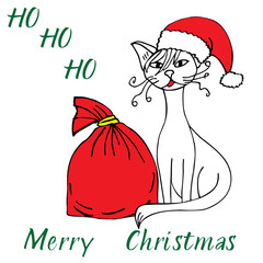 Cat doodle Santa Merry Christmas. Sketch. - 230096819