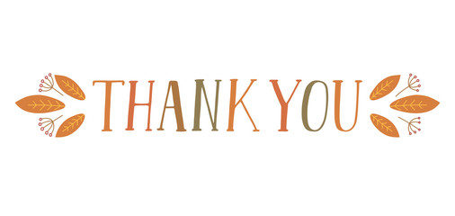 Thank you. Handwritten text with autumn decor on white background. 