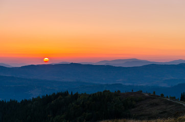 Sunset in the Carpathian Mountains in the autumn season