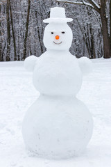 Smiling snowman with hat and carrot nose in winter forest. Christmas fun. New Year celebration. Frost and snow background. Winter outdoor decoration.