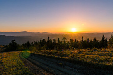 Sunset in the Carpathian Mountains in the autumn season