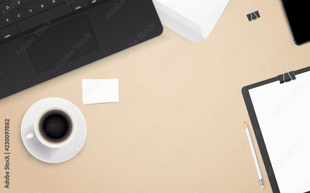 Aufkleber Office workplace with different business stuff. Template for a text