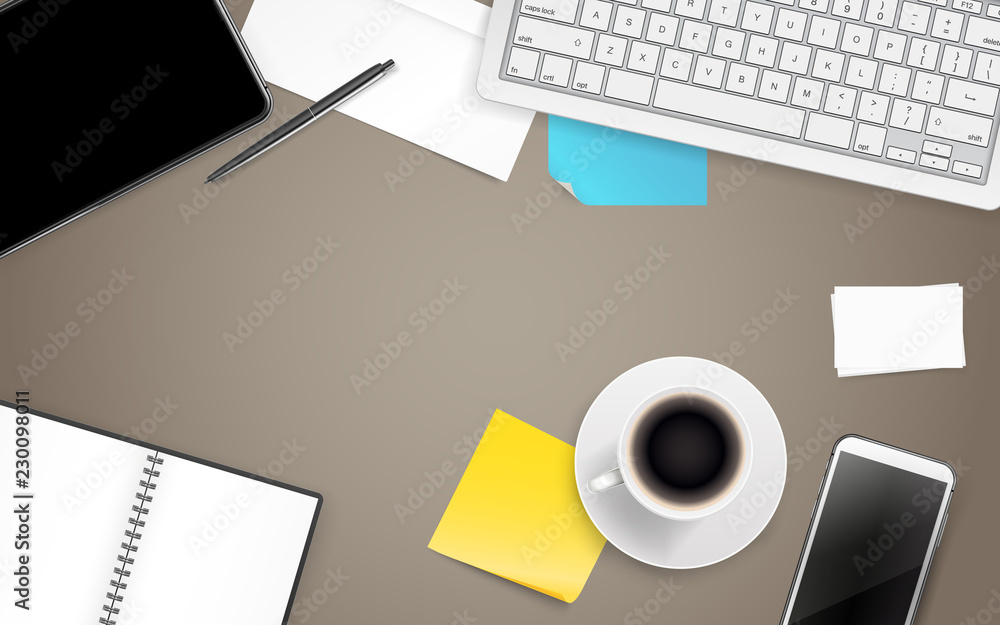 Poster office supplies. different business stuff on a wood table. template for a text