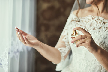 Morning of the bride when she wears a beautiful dress, woman getting ready before wedding ceremony