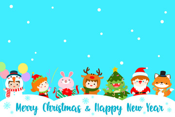 Cute kids and animal in Christmas background vector.