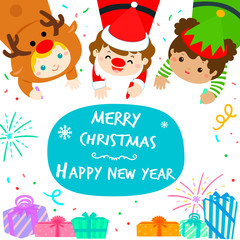 Cute kids in Christmas background vector.