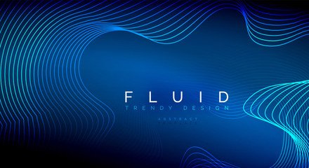 Blue neon particles glowing fluid wave lines, magic energy space light concept, abstract background wallpaper design