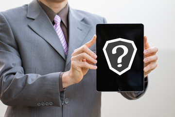 Business data cyber security system protection verification on tablet.
