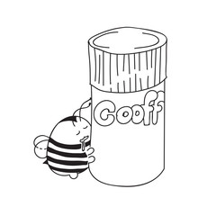 Cute little Bumblebee ink hand drawn sketch vector illustration. Happy fat bumblebee hugging a can of coffee. Bee icon. Print art sketch bees. Bee sign isolated on white background illustration