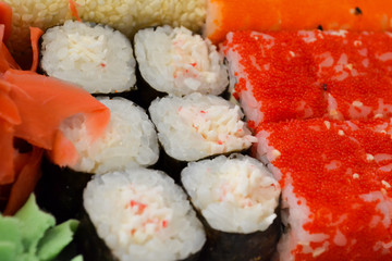 Rolls, sushi set in plastic packaging, close up