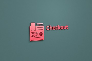 Text Checkout with red 3D illustration and blue background