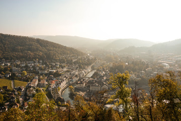 scenic panorama of a city in baden aargau switzerland in autumn with fog in background