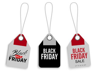 Black friday sale promo price tags or label templates isolated on white.