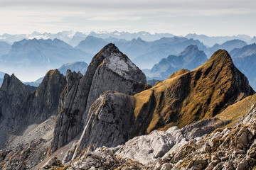 scenic landscape panorama of swiss alps in alpstein säntis switzerland