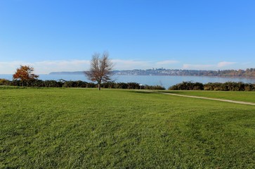 Distant view of White Rock, BC across Semiahmoo Bay from Marin Park in Blaine, Washington