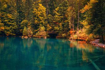 Autumn time at romantic forest lake Blausee, Switzerland.