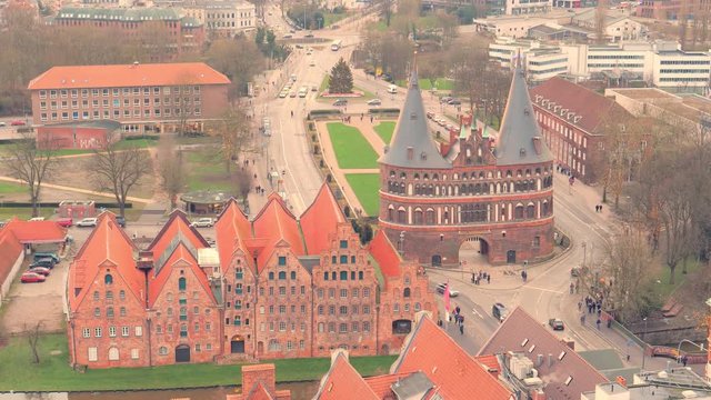 Historical Holstentor City Gate view from above. Lubeck. Germany
