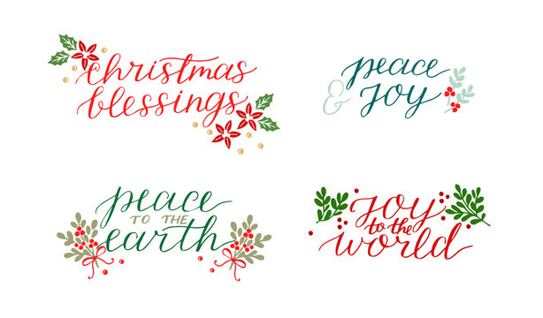 Collection with 4 Holiday cards made hand lettering Christmas blessings Peace to the earth. Joy to world.