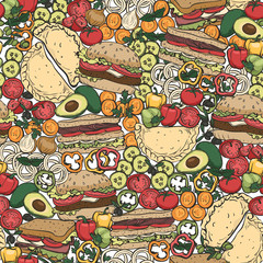 vector seamless pattern fastfood vegetables burgers sandwiches 