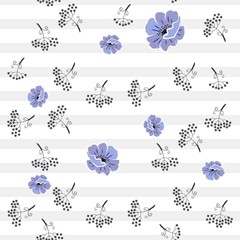 Cute seamless pattern with stylized blue poppies and black silhouettes of umbrella flowers on striped background in vector. Print for fabric, wallpaper, wrapping design.