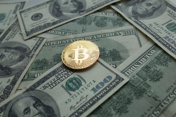 Golden Bitcoins Coins lying on dollars.