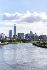 Taipei, Taiwan - September 13, 2018:Serenity cityscape with skyscraper and river in Taipei, Taiwan.