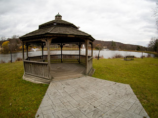 wide angle view of lake with gazebo
