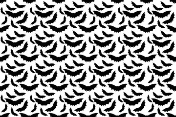 Flying black different size silhouette of bat halloween seamless pattern wallpaper on white background.