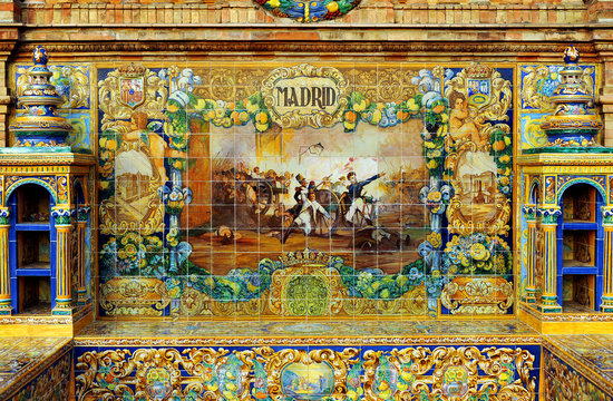 Ceramic bench of the Madrid province. Plaza de Espana (Square of Spain) designed by Anibal Gonzalez for Ibero-American Exposition of 1929. Seville, Spain