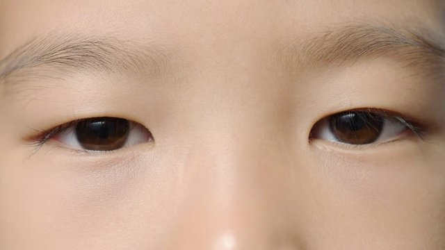 Close up at young Asian boy face and open up his eyes on white background.