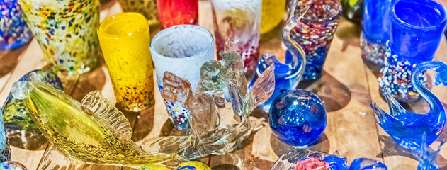 Traditional colorful murano glass goblets  for sale, Murano, Venice, Italy - obrazy, fototapety, plakaty