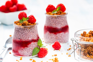 Raspberry chia pudding with granola