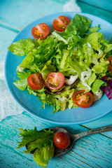 Spring vitamin salad: greens with cherry tomatoes in a blue plate on a blue background