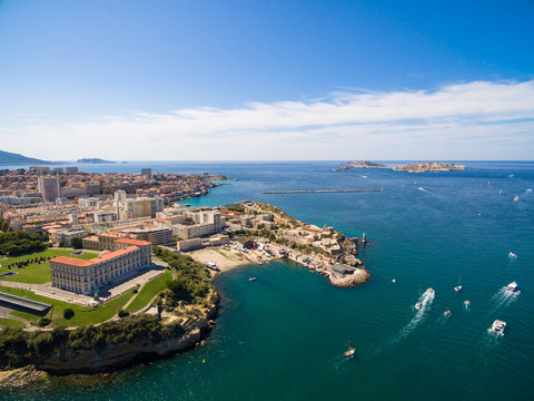Aerial view of Marseille pier - Vieux Port, Saint Jean castle, and mucem in south of France © Samuel B.