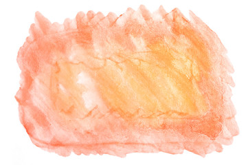 Light orange watercolor hand-drawn isolated wash stain on white background for text, design. Abstract texture made by brush for wallpaper, label.