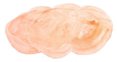 Light orange watercolor hand-drawn isolated wash stain on white background for text, design. Abstract texture made by brush for wallpaper, label.
