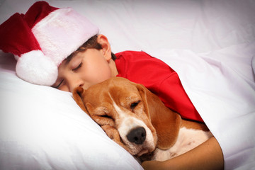 Kid and little dog sleeping together while waiting for Santa