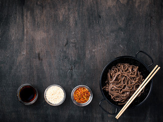 Asian noodles soba with various dressing