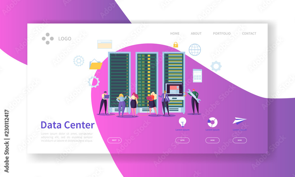 Poster data center concept landing page. hosting service characters cloud data storage work process website