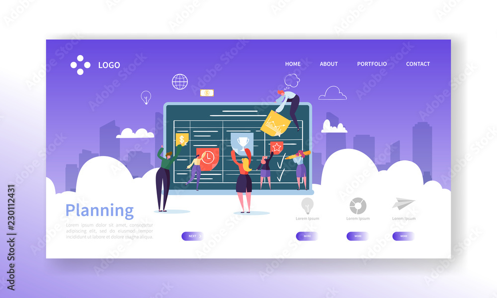Poster workflow management concept landing page. business people characters planning work process together 