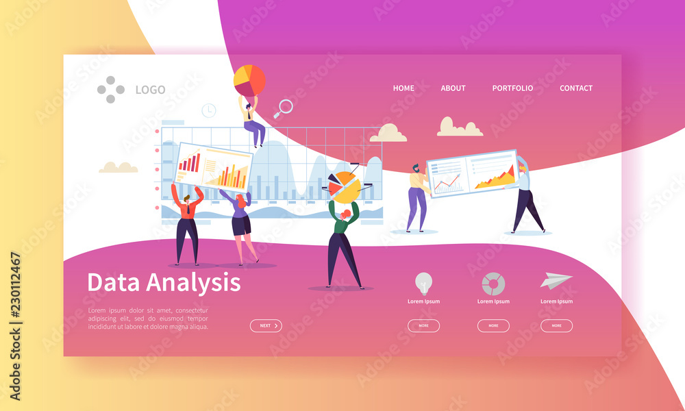 Poster data analysis concept landing page. flat people characters building dashboard graph website template