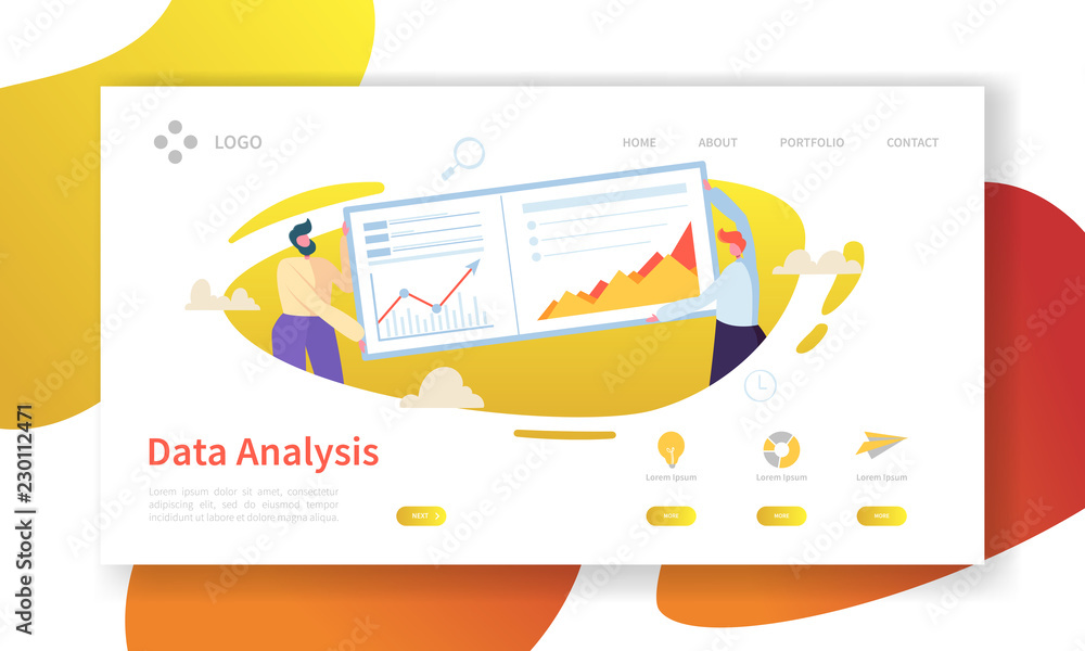Poster data analysis concept landing page. flat people characters building dashboard graph website template