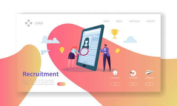 Recruitment, Job Interview Concept Landing Page. Vacancy Flat People Characters HR Managers Website Template. Easy Edit and Customize. Vector illustration