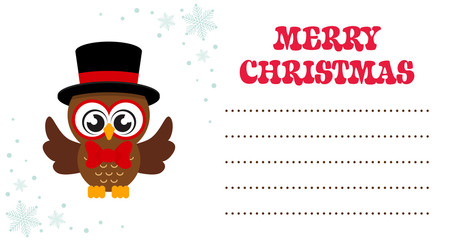 winter cartoon cute owl in hat on the christmas card