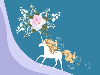 Beautiful horizontal card with magical unicorn, pink rose and bell flowers flowers in vector. Space for text. Wedding invitation.