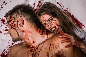 Love and bloody story - vampire woman biting her lover. Vampire fashion design scene, sexy female...